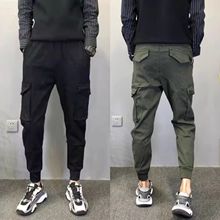 多口袋工装裤男社会小伙美式潮流痞帅炸街九分哈伦束脚修身休闲裤