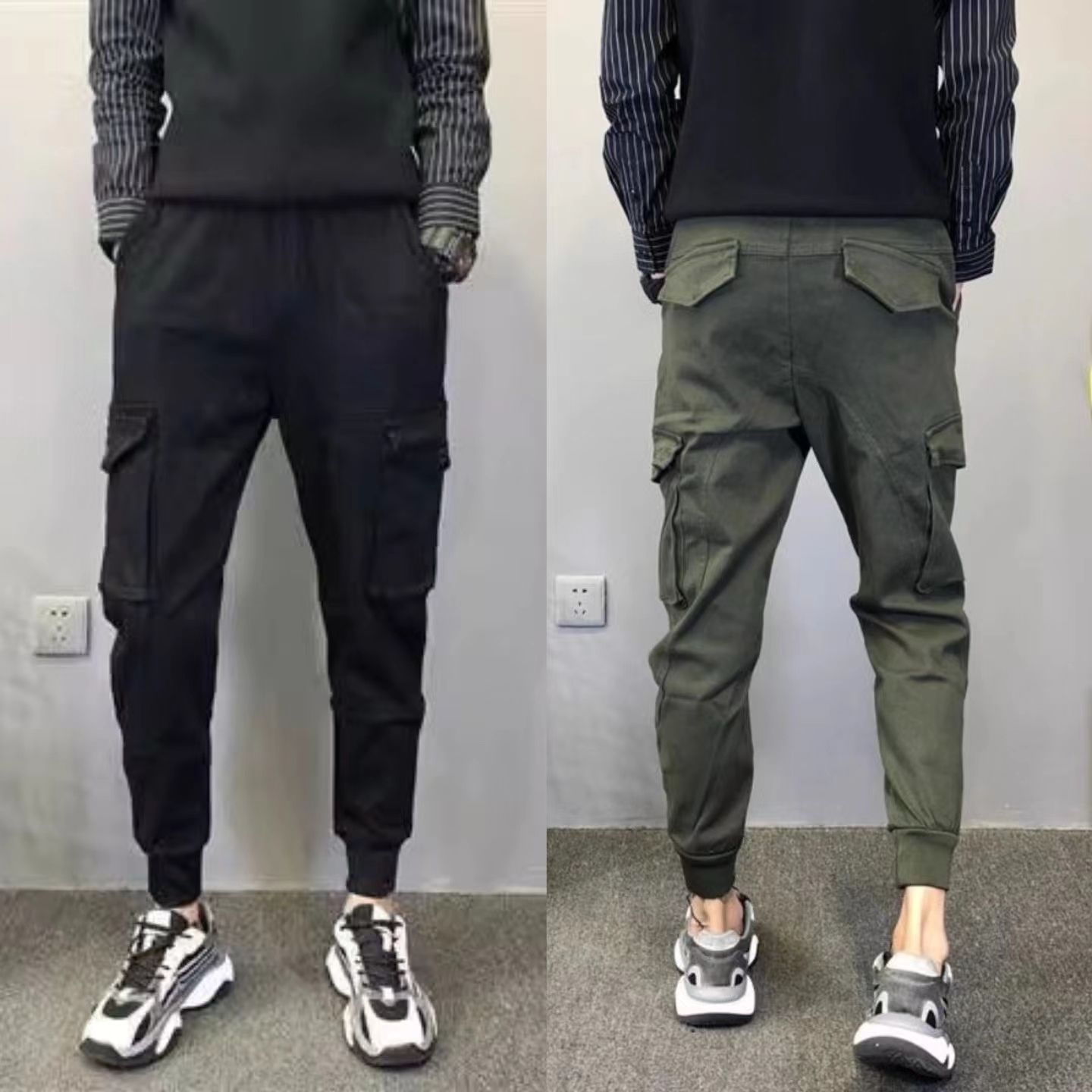 多口袋工装裤男社会小伙美式潮流痞帅炸街九分哈伦束脚修身休闲裤