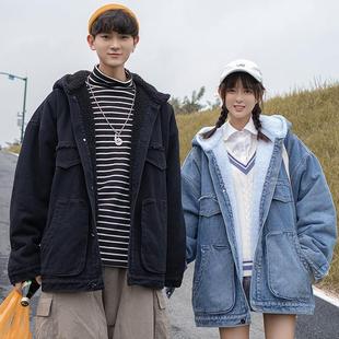 22 Couple Winter Thickened Lamb Velvet Hooded Denim Cotton Coat Japanese Style Loose Large Size Solid Color Cotton Coat for Men and Women
