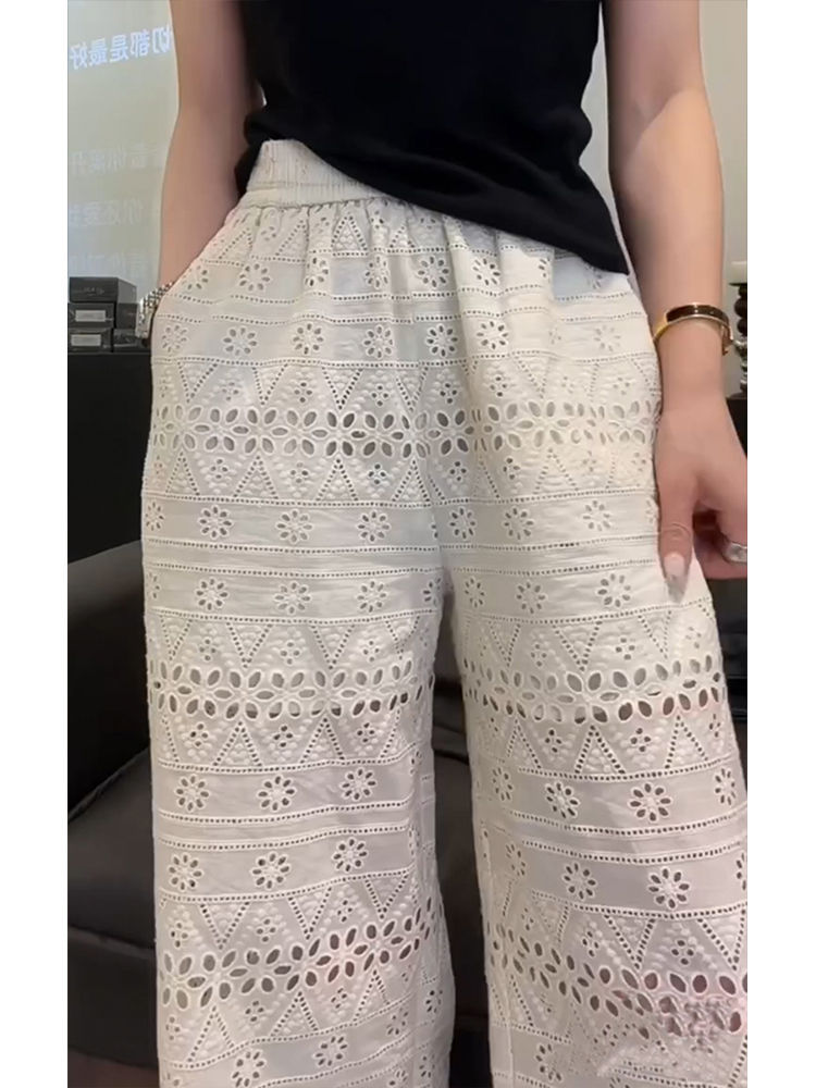 Plus Size High Waisted Lace Hollow Out Wide Leg Pants Summer Thin Loose Slimming Casual Straight Leg Pants For Women_ecoleips.com