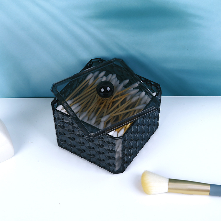 半透明化妆收纳盒 黑色钻石纹化妆品 口红架卸妆棉美妆组合收纳盒