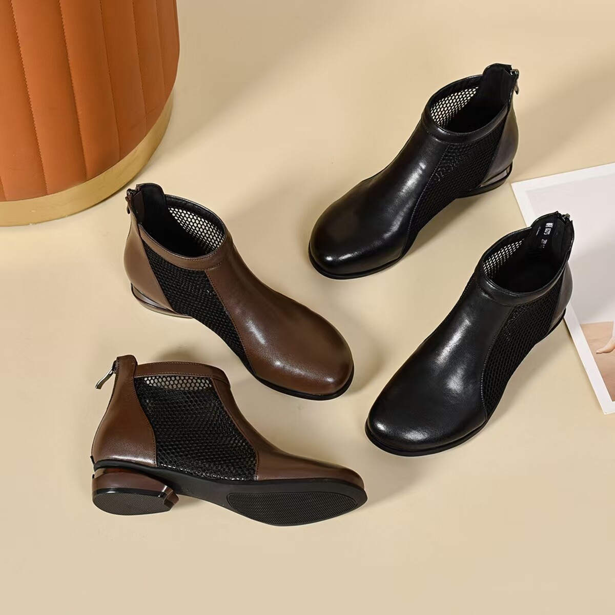 Sandal nữ mũi tròn lưới da thật gót thô đế mềm thoáng khí — màu nâu chi tiết 9