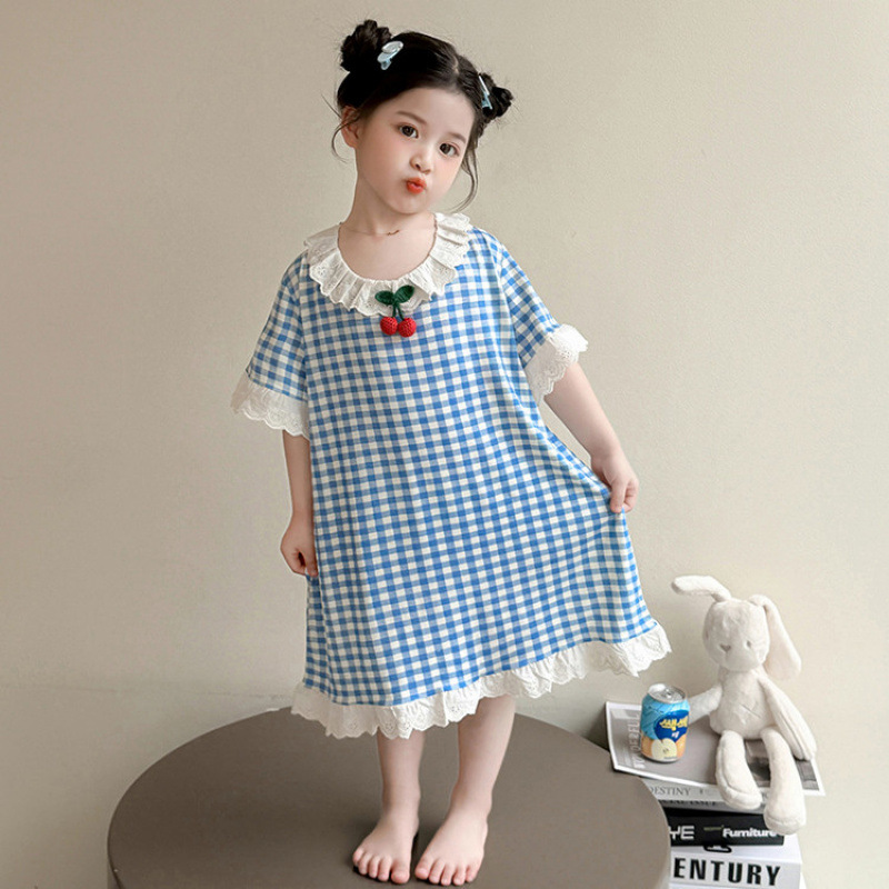 Girls Nightgown 2025 New Summer Children's Modal Plaid Cute Home Skirt Girls Thin Short Sleeve Pajamas