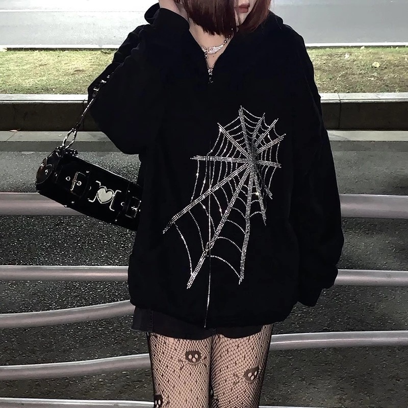 2024 Autumn Winter Casual Loose Coat Top Spider Rhinestone Print Long Sleeve Zipper Hooded Sweatshirt Unisex_voghion.com