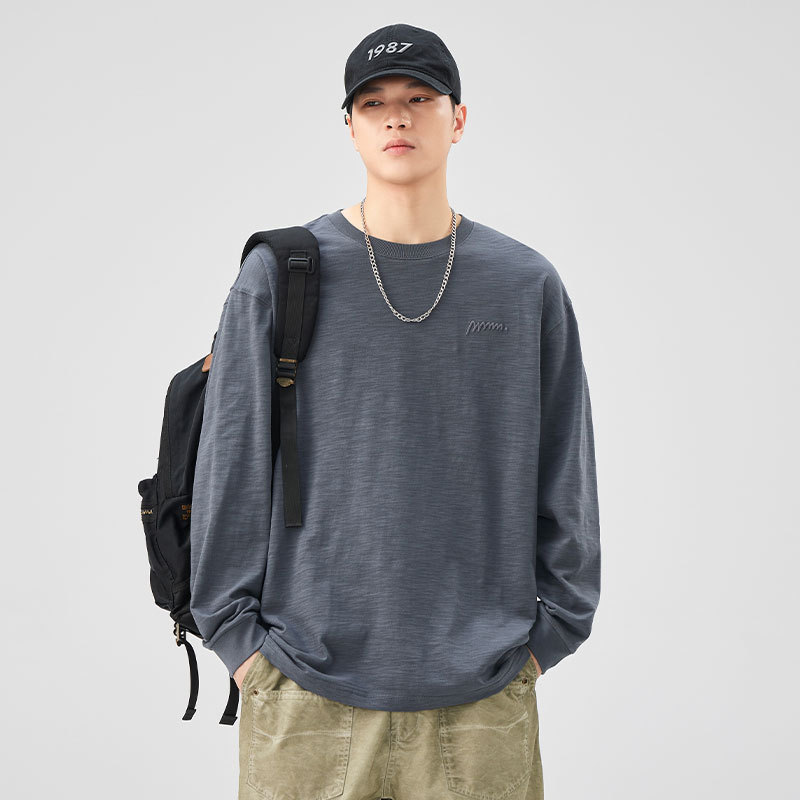 Anyang American Heavy Cotton Long-sleeved T-shirt Men's Loose Trendy Brand Letter Embroidered Autumn Round Neck Long-sleeved Top Anyang American Heavy Cotton Long-sleeved T-shirt Men's Loose Trendy Brand Letter Embroidered Autumn Round Neck Long-sleeved Top