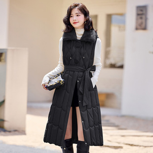 Cross-border 2024 New Long Down Cotton-padded Jacket Vest Women's Fashionable High-end Cotton Horse Clip Waistline Slimming Warm Jacket