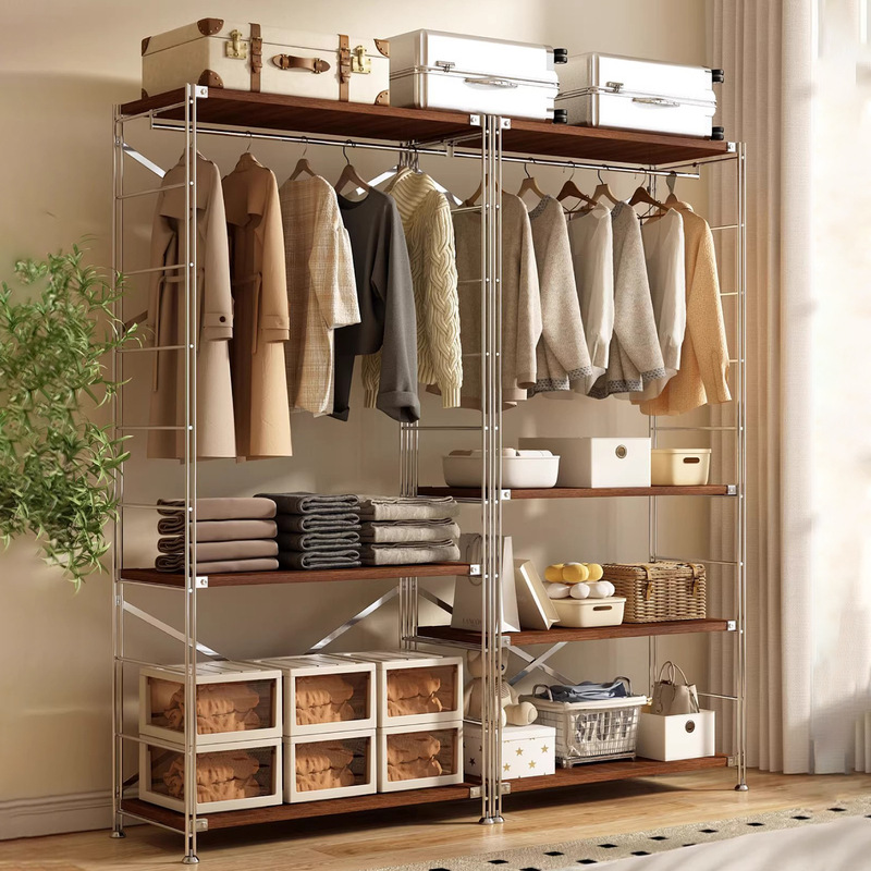 Walnut-Colored Apartment Coat Rack, Clothes Rack, Bedroom Floor-Standing Wardrobe Rack with Wheels, Dust-Proof Curtain, Movable