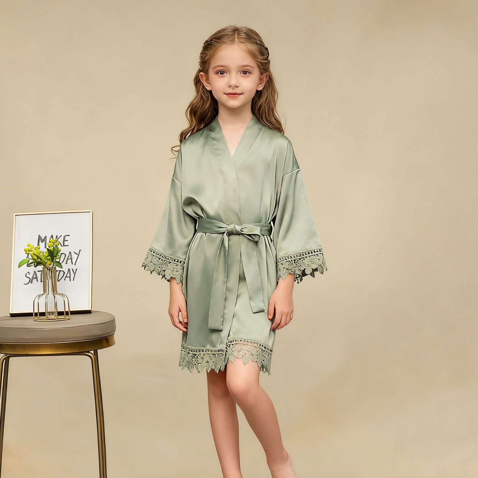 Cross-Border Party Dressing Gown Children's Nightgown Matte Satin Lace Nightgown Lace Nightgown