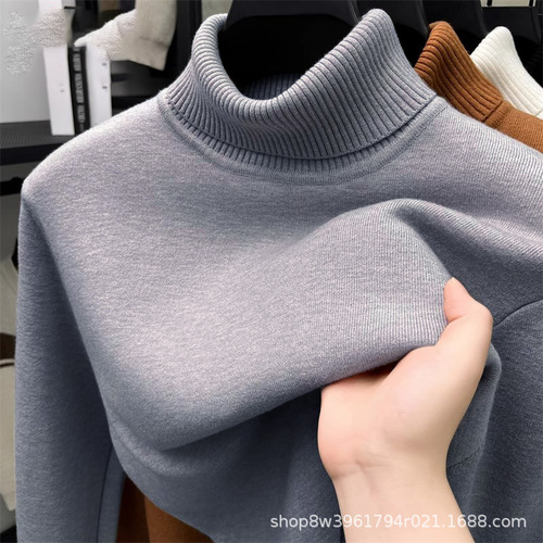 Wholesale running volume one velvet turtleneck sweater for men in autumn and winter plus velvet thick base shirt, warm sweater inside