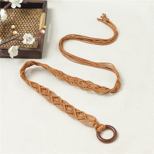 Bohemian Style Wax Rope Handmade Wood Circle Weaving Waistband Ethnic Style Matching Dress Belt 