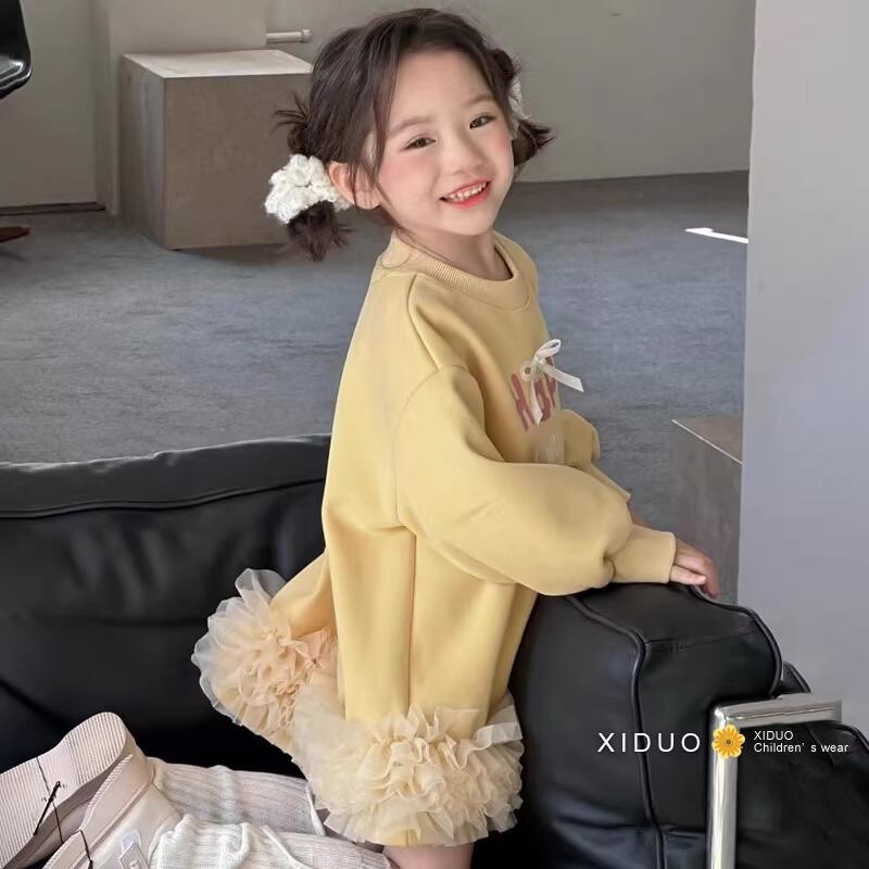 Vestido de niñas otoño y invierno letras extranjeras impresión arco y camisa de lana vestido de malla para niños