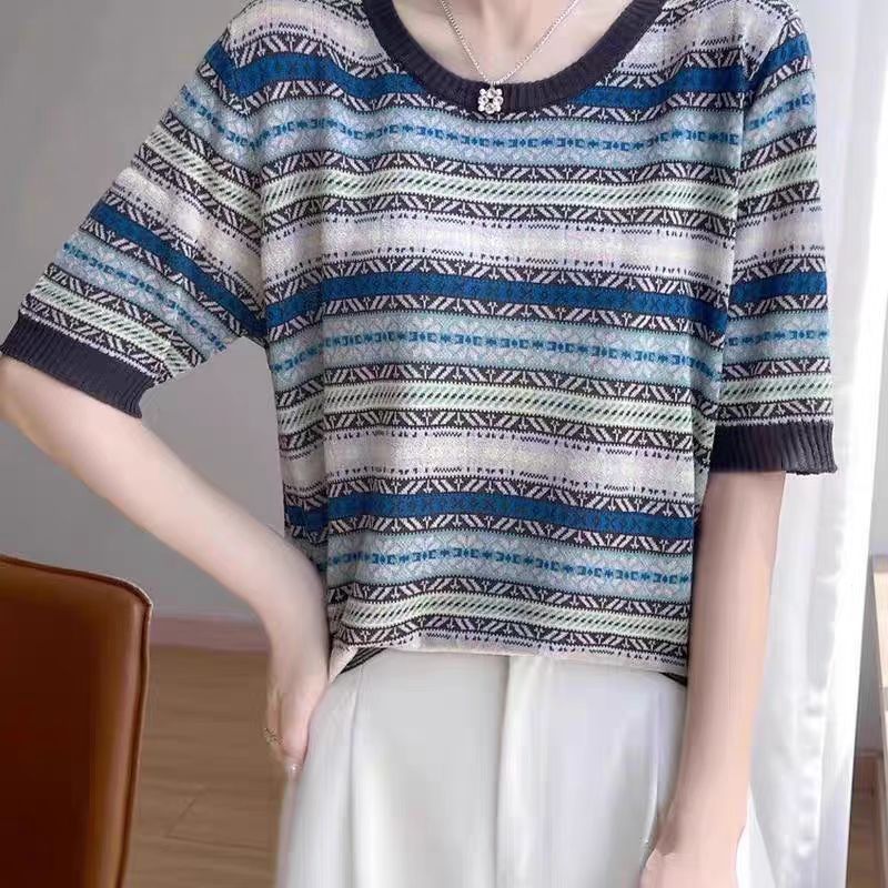 Design retro knitted summer thin short sleeve T-shirt with a round…