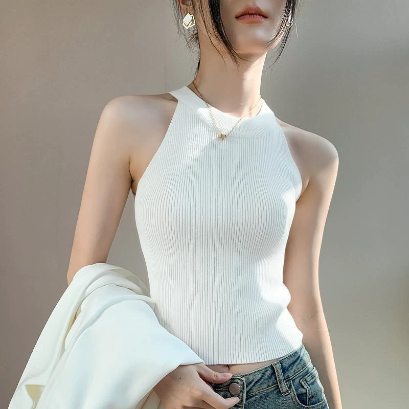 Женский топ из ледяного шелка, лето 2025, французский халтер, без рукавов, короткий, ретро, красный, трикотажный