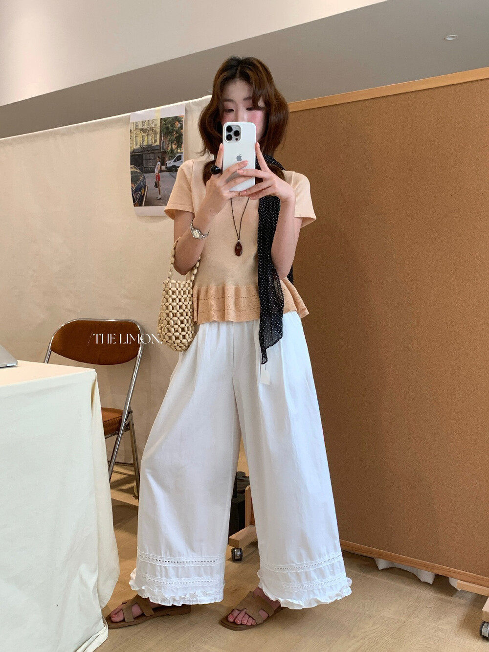 Quần culottes nữ ống rộng cạp cao chun, thiết kế viền ren bèo nhún, dáng suông 9 phân, phù hợp mùa xuân hè — màu đen, Xanh đen, Xanh da trờicolor, màu trắng chi tiết 14
