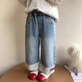 秋季新款女童花边蝴蝶结牛仔直筒裤春秋款中小童女孩洋气牛仔单裤