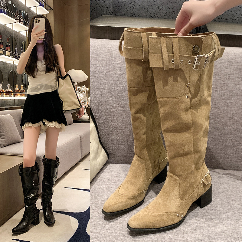 Women's Long Boots Summer 2025 New Style Large Tube High Boots Pointed Toe Thick Heel Pile Boots Western Cowboy Knight Boots