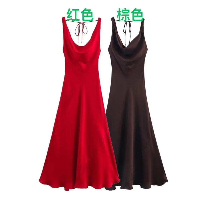Amazon wholesale spring new women's pullover sleeveless dew lace-up backless silk satin texture long dress