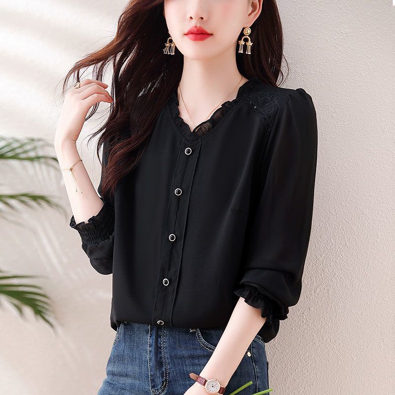 Plus Size Fat Loose Belly-Covering Mid-Length Long-Sleeved Shirt Top 2025 Spring & Fall New Black Collar Shirt for Women