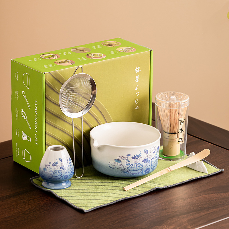 青花抹茶茶具套装渐变蓝抹茶碗七件套百本立抹茶碗茶勺茶巾七件套|undefined