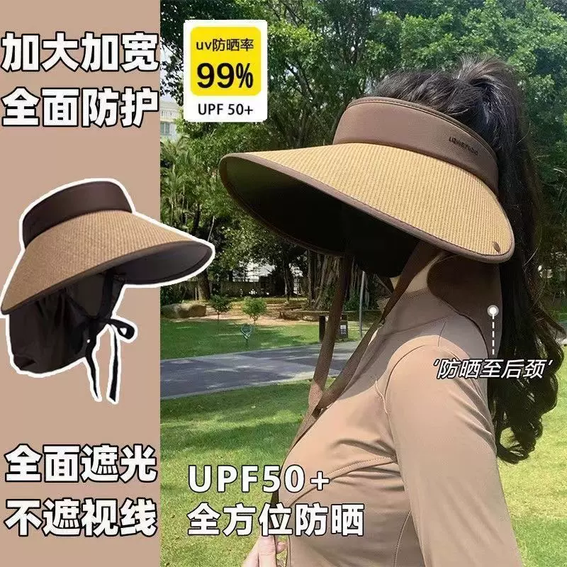 加大防晒帽女夏季护披肩遮阳帽大檐防紫外线草编太阳帽空顶可折叠