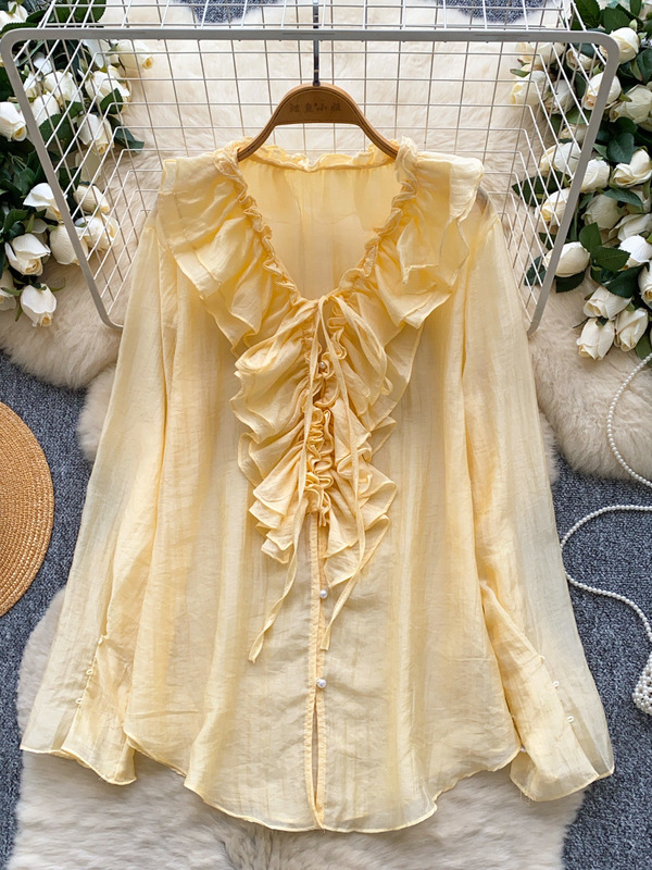 Retro Palace Style Long-Sleeved Shirt for Women in Autum with Ruffled Tie Collar, Loose Design, Light and Mature Elegant, Royal Sister Top Retro Palace Style Long-Sleeved Shirt for Women in Autum with Ruffled Tie Collar, Loose Design, Light and Mature Elegant, Royal Sister Top