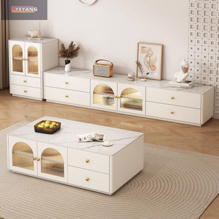 Cream Style Tv Cabinet Coffee Table Combination Modern Simple Living Room Home Small Apartment Solid Wood Floor-Standing Slate Floor Cabinet