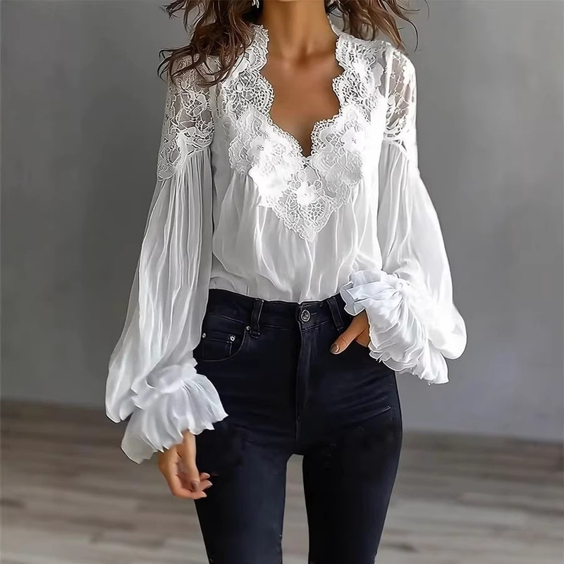 2026 European and American Independent Fashion Women's Lace Patchwork Puff Sleeve Pleated Shirt