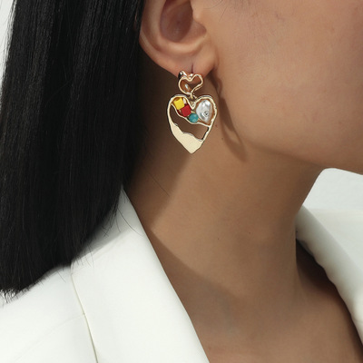 歐美新款時尚巴洛克珍珠碎石愛心耳環精致潮流耳釘耳墜飾品批發女