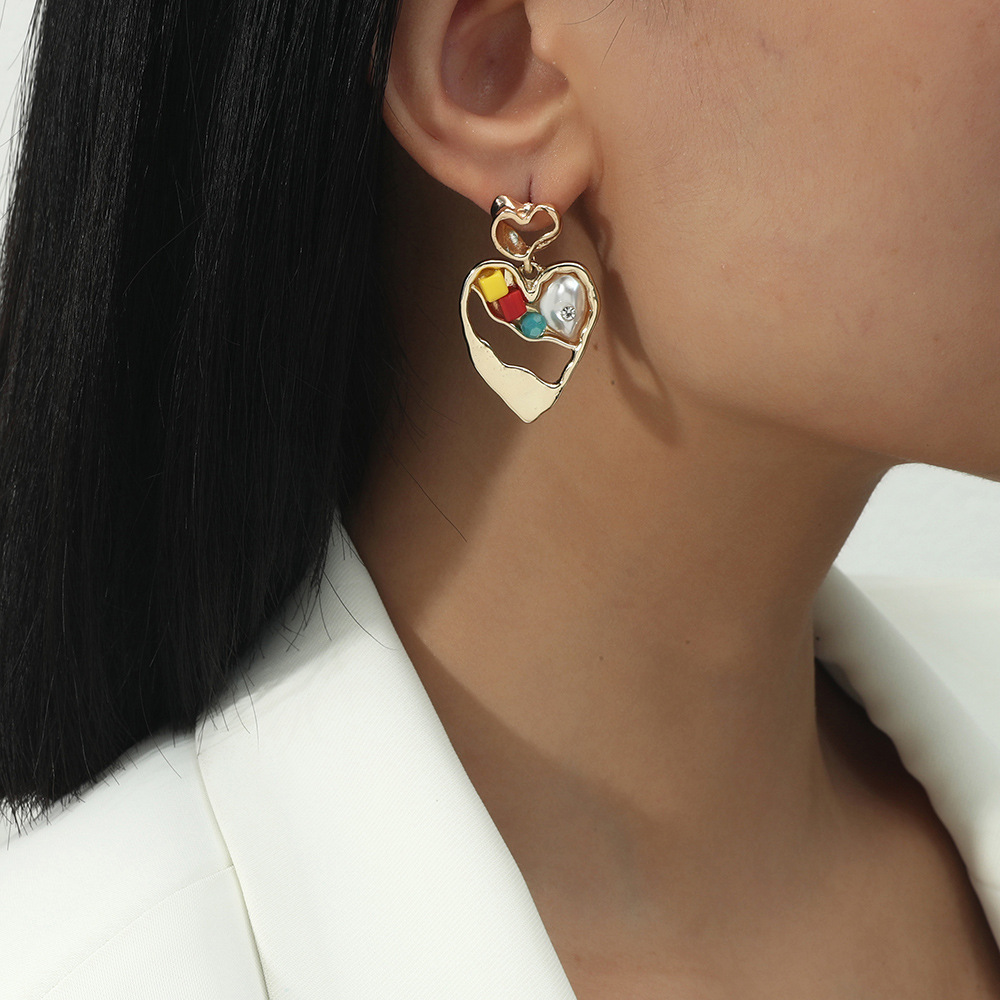 歐美新款時尚巴洛克珍珠碎石愛心耳環精致潮流耳釘耳墜飾品批發女