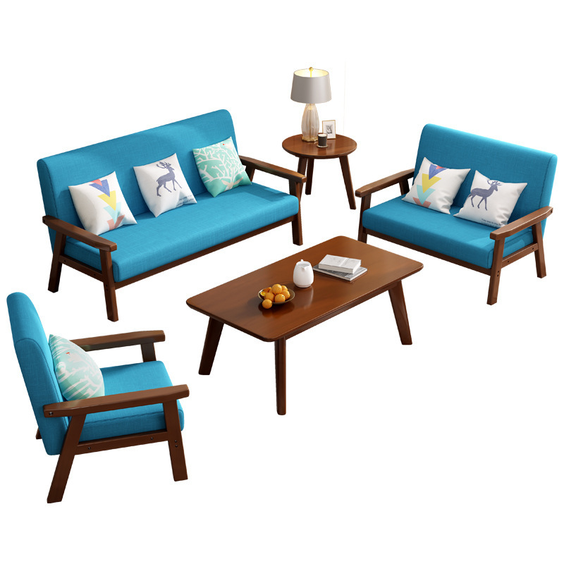 Sofá nórdico de madera maciza silla moderna simple oficina de tres personas sala de alquiler apartamento pequeño sala de estar sofá de tela