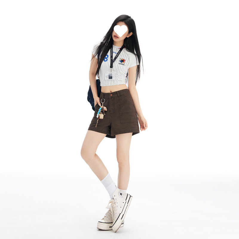 Shangya's New Brown Coffee-Colored American Retro High-Waisted Wide-Leg Work Shorts for Women, Slimming and Sweet-Cool Hot Pants