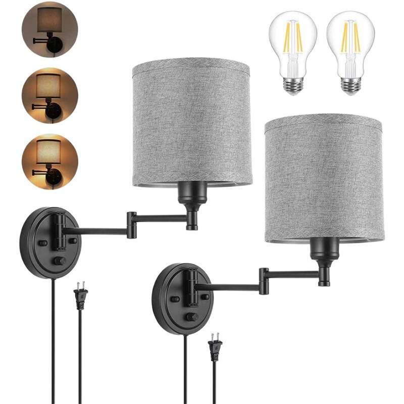 Bedroom wall lamp American simple retro creative stair swing arm dimming with plug linen fabric cross-border bedside lamp