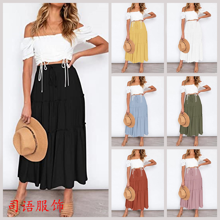 2022 Cross-Border European and American Style High-Waisted Mid-Length Skirt Bohemian Style A-Line Pleated Flowing Skirt