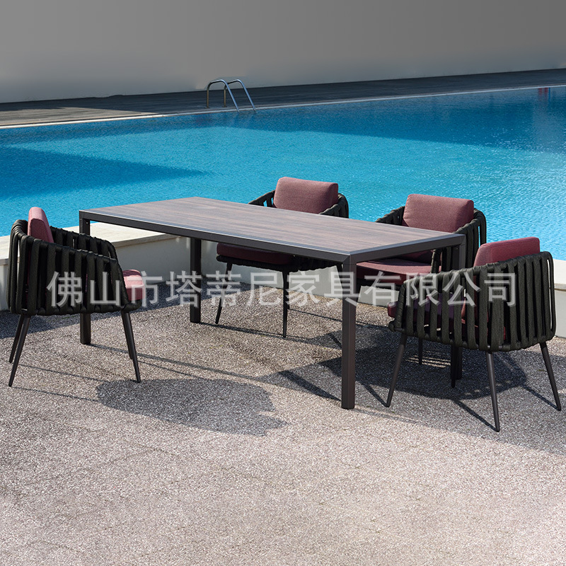 Villa jardín terraza ocio mesas y sillas al aire libre patio piscina resort mesa redonda impermeable muebles de tejido de cuerda solar image 3
