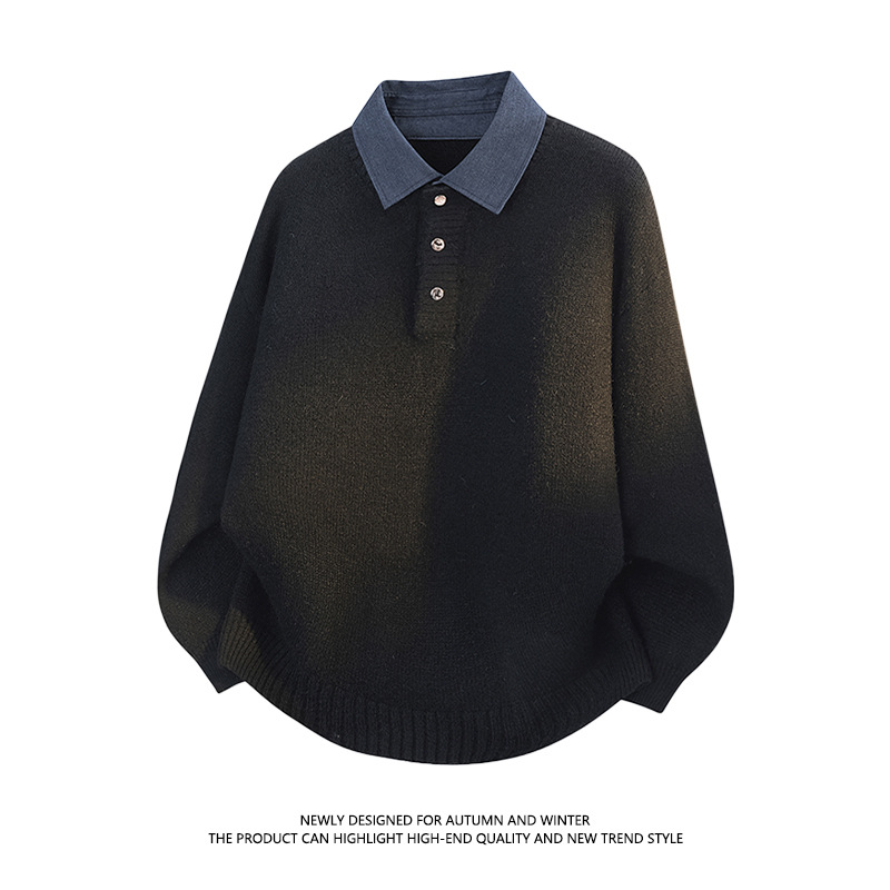 Wholesale autumn and winter high-quality high-density alpaca wool fake two-piece shirt collar sweater for men, thickened, warm, stretchy knitwear