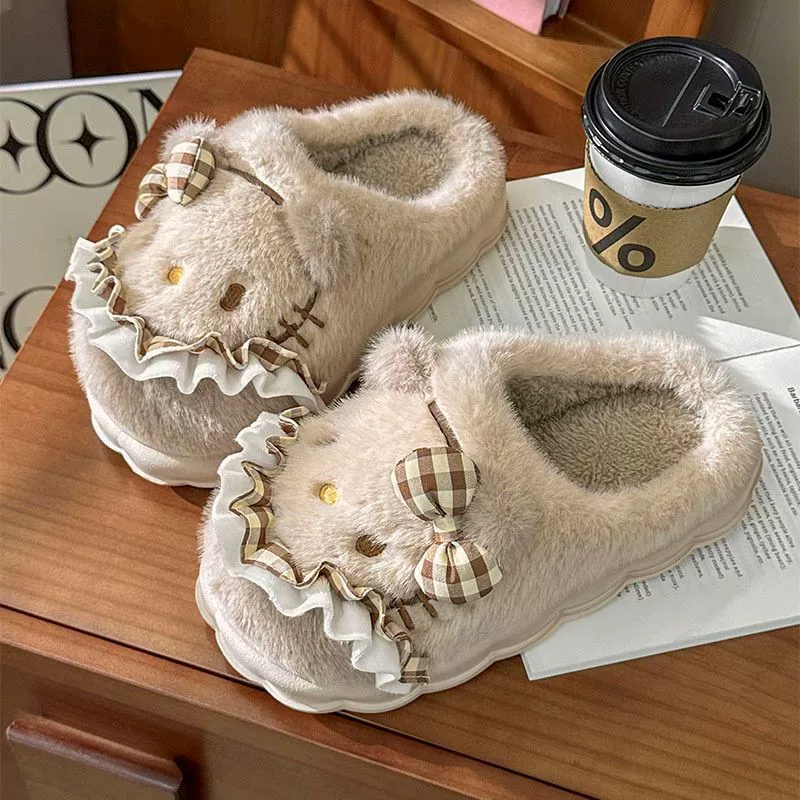Hello Kitty, мультяшные тапочки, зимняя нескользящая теплая обувь на платформе