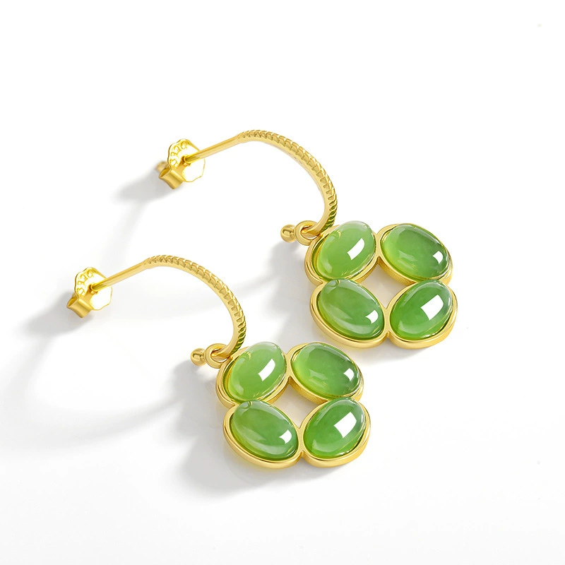 Натуральный шпинат зеленый старый материал Hutian Jade яшма клевер серьги женская подлинная S925 серебряная инкрустированная нефритовая серьга