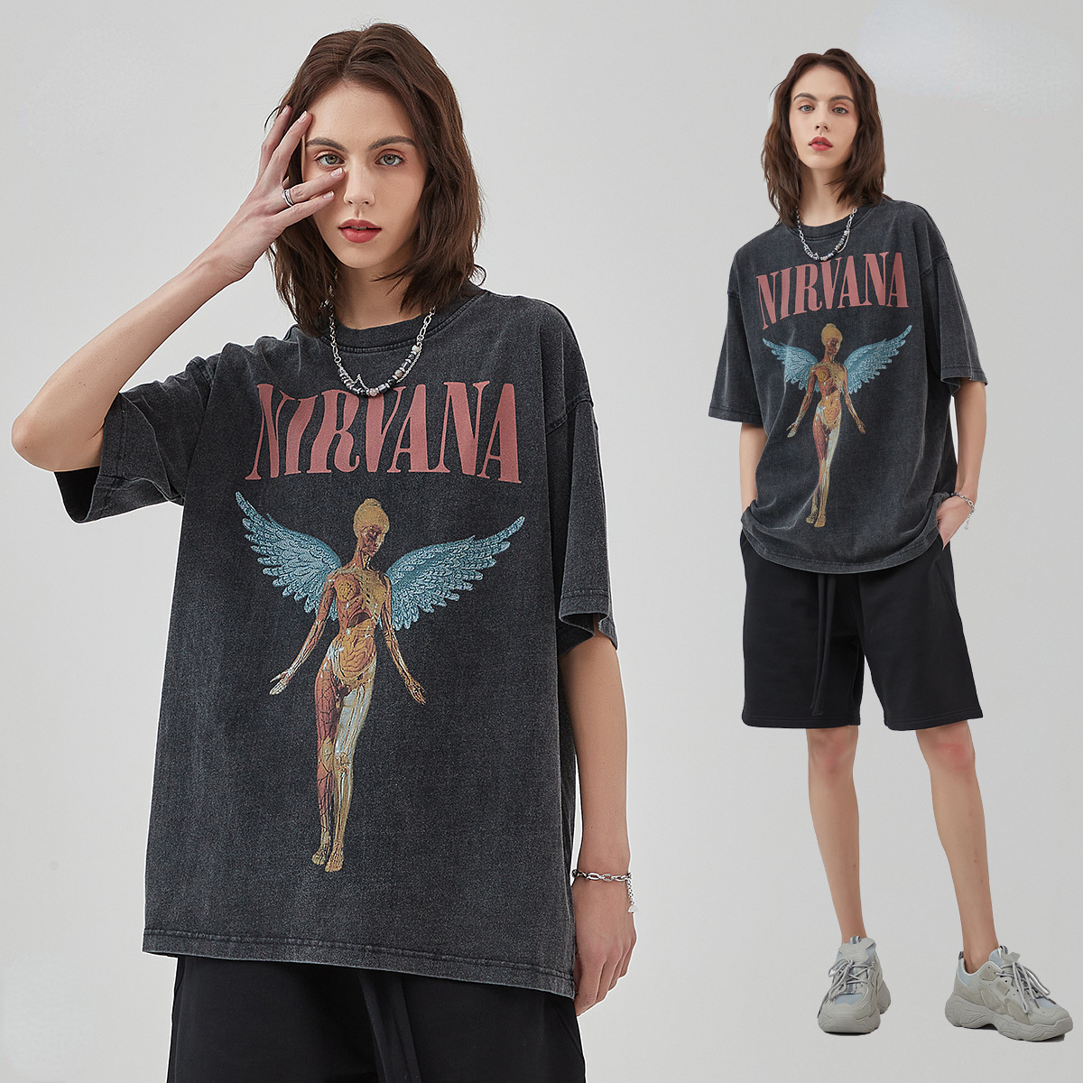 Erkek Yeni Yıkama Eski Rock Grubu Baskılı Kısa Kollu Sokak Modası Marka Yuvarlak Yaka Tişört_voghion.com