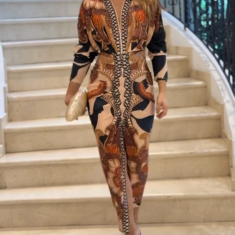 欧美跨境亚马逊时尚巴洛克复古图案长袖修身深V紧身包臀中长裙