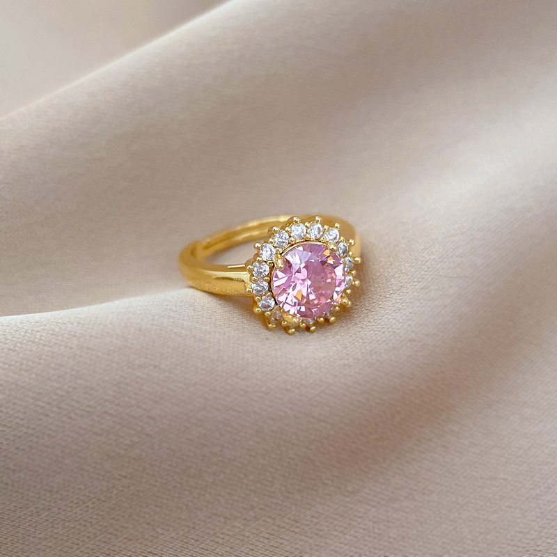 Anello con diamante rosa rotondo completo, apertura regolabile, gioiello semplice giapponese, anello per coppie_voghion.com
