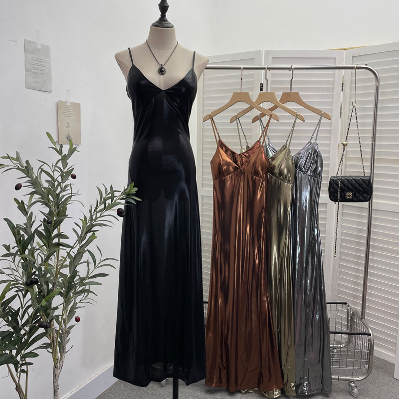 Sexy Liquid Metal Color Sling Dress with Chest Pad Dress