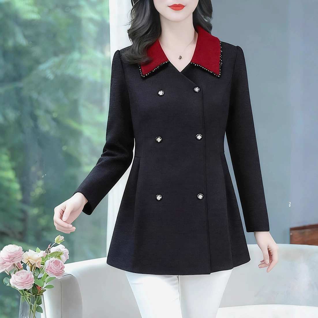 High-end fashionable set, shirt for mother, fitted, plus size