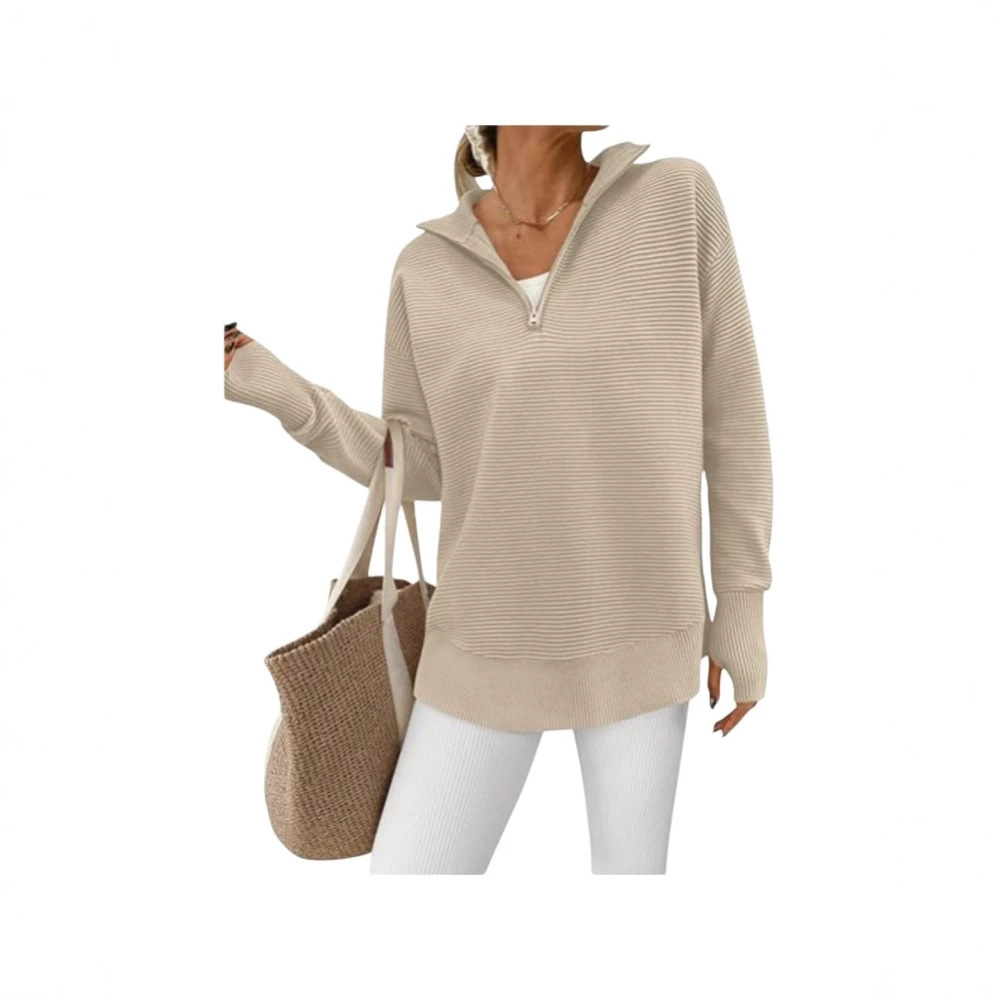 Cross-border European and American Amazon solid color knitted texture half-zip V-neck loose casual mid-length pullover sweater for women