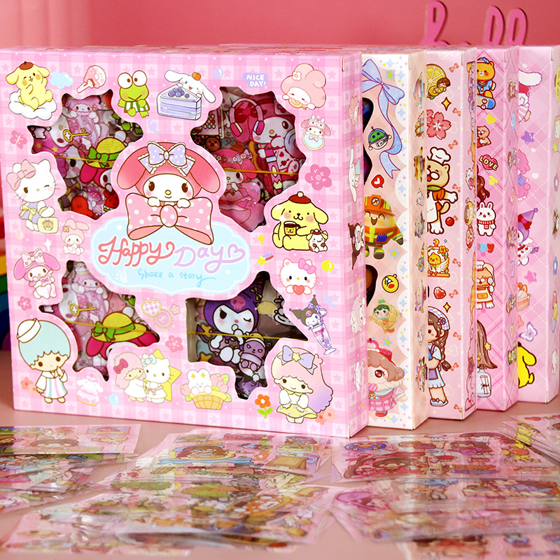 Caricatura infantil escena creativa pegatinas Sanrio fresas osos huevos pequeños papas de manzanilla diarios pegatinas cuaderno de notas