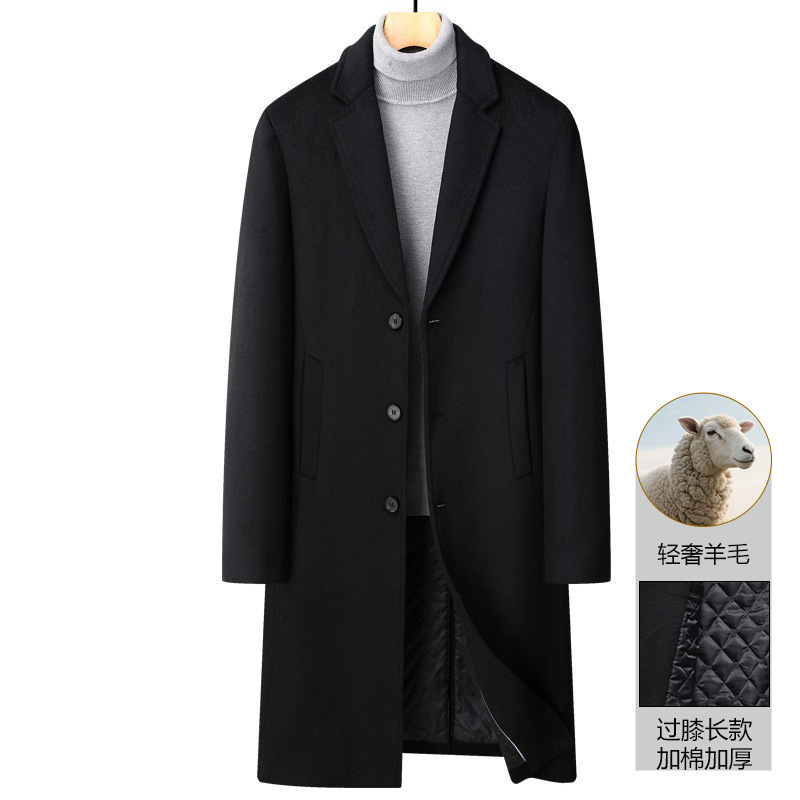 Cross-Border Exclusive Supply of Autumn and Winter Men's Woolen Coats, Long Over-The-Knee Style, with Added Cotton and Thickened Wool, Men's Woolen Trench Coat