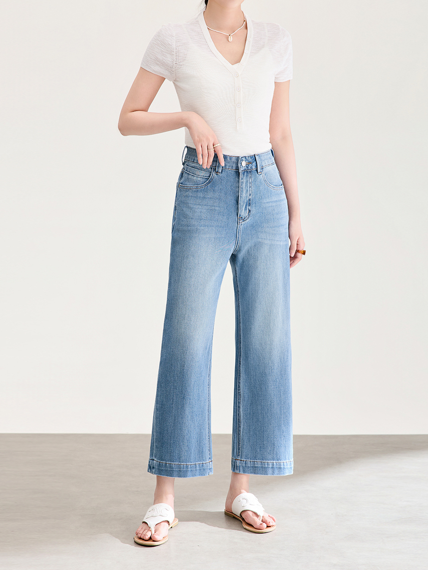 Quần jean nữ cạp cao ống rộng chất liệu cotton pha sợi co giãn mềm mại — xanh lam