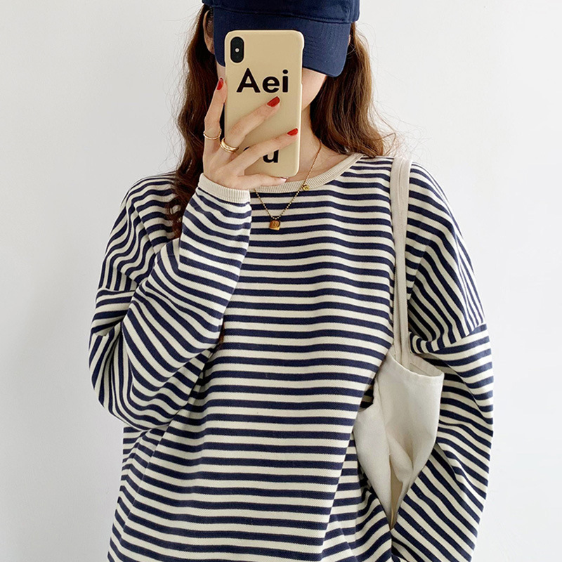 Contraste de color a rayas suéter para las mujeres Otoño e Invierno Nuevo Diseño flojo ocasional estilo perezoso Delgado manga larga cuello redondo top