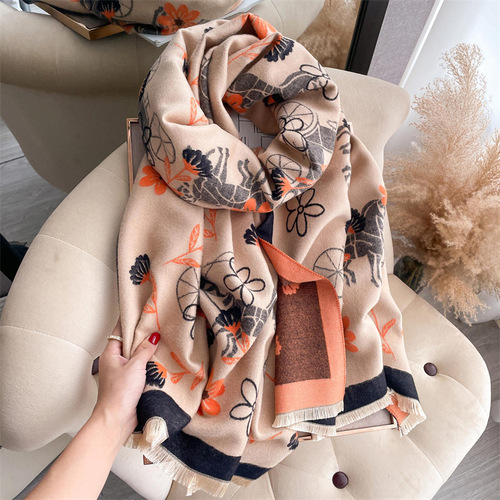 Pink girl small flower imitation cashmere scarf for women thickened warm scarf shawl outer decorative scarf wholesale delivery