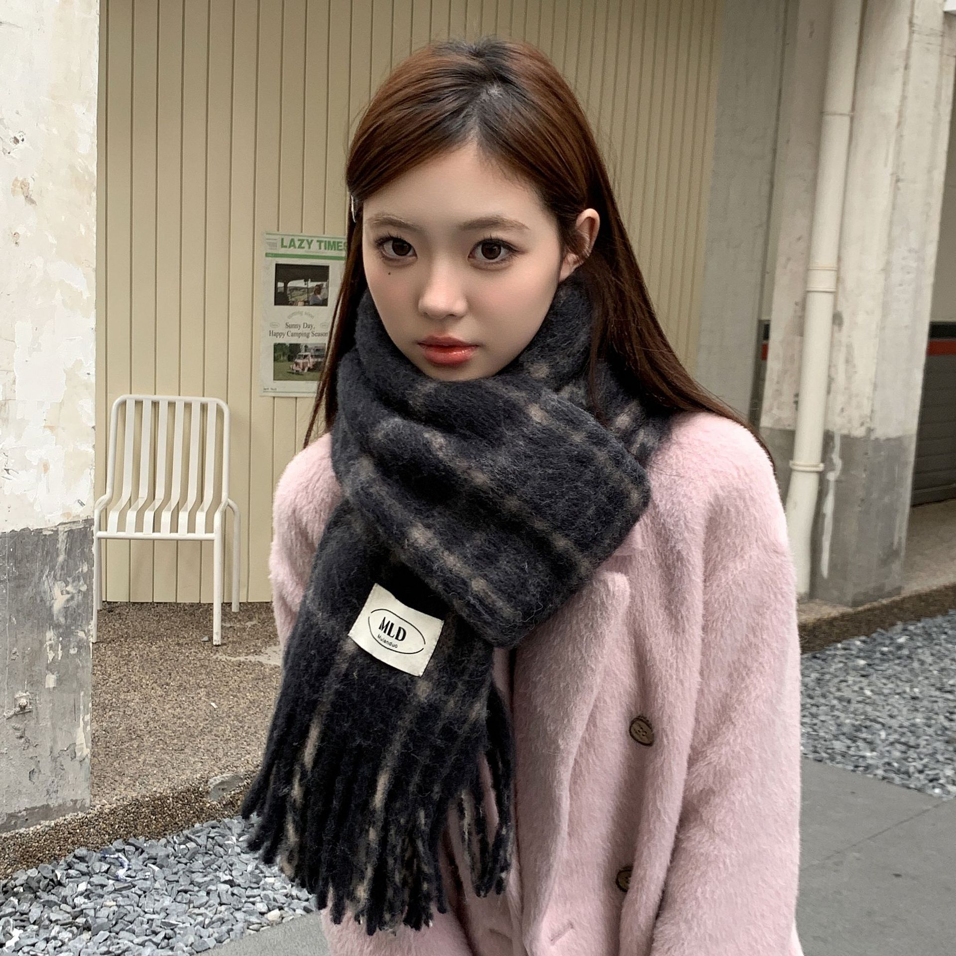 2024 invierno mohair calentamiento bufandas de cuello a cuadrícula multifacé coreano lana a cuadrícula fina mezcla llisa chal