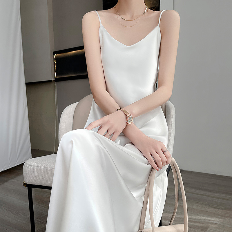 2026 Spring/Summer Satin Draped Long Simple Slim Fit Waist-Cinching V-Neck Solid Color Base Camisole Dress for Women